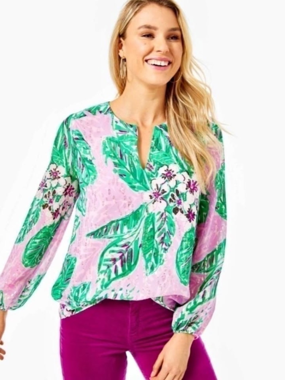 NWT Lilly Pulitzer Aaron Silk Top - Magnolia Lilac Leidees Night / L